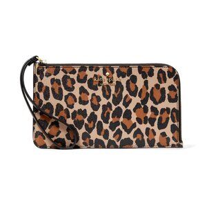 New Kate Spade Lucy Leopard Medium L Zip Wristlet Brown Multi